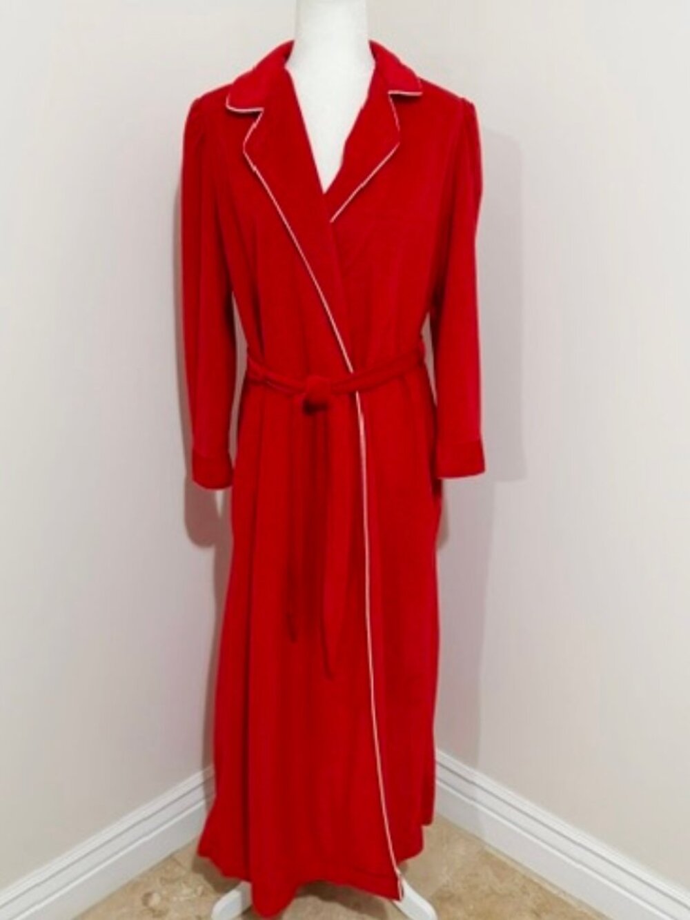Vintage Pierre Cardin Red Velour Long Robe White Piping Size Women's M USA